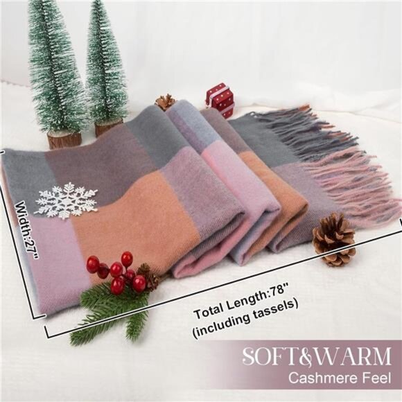 Womens plaid blanket scarf winter cashmere feel soft warm large thick cozy shawl - Picture 5 of 7